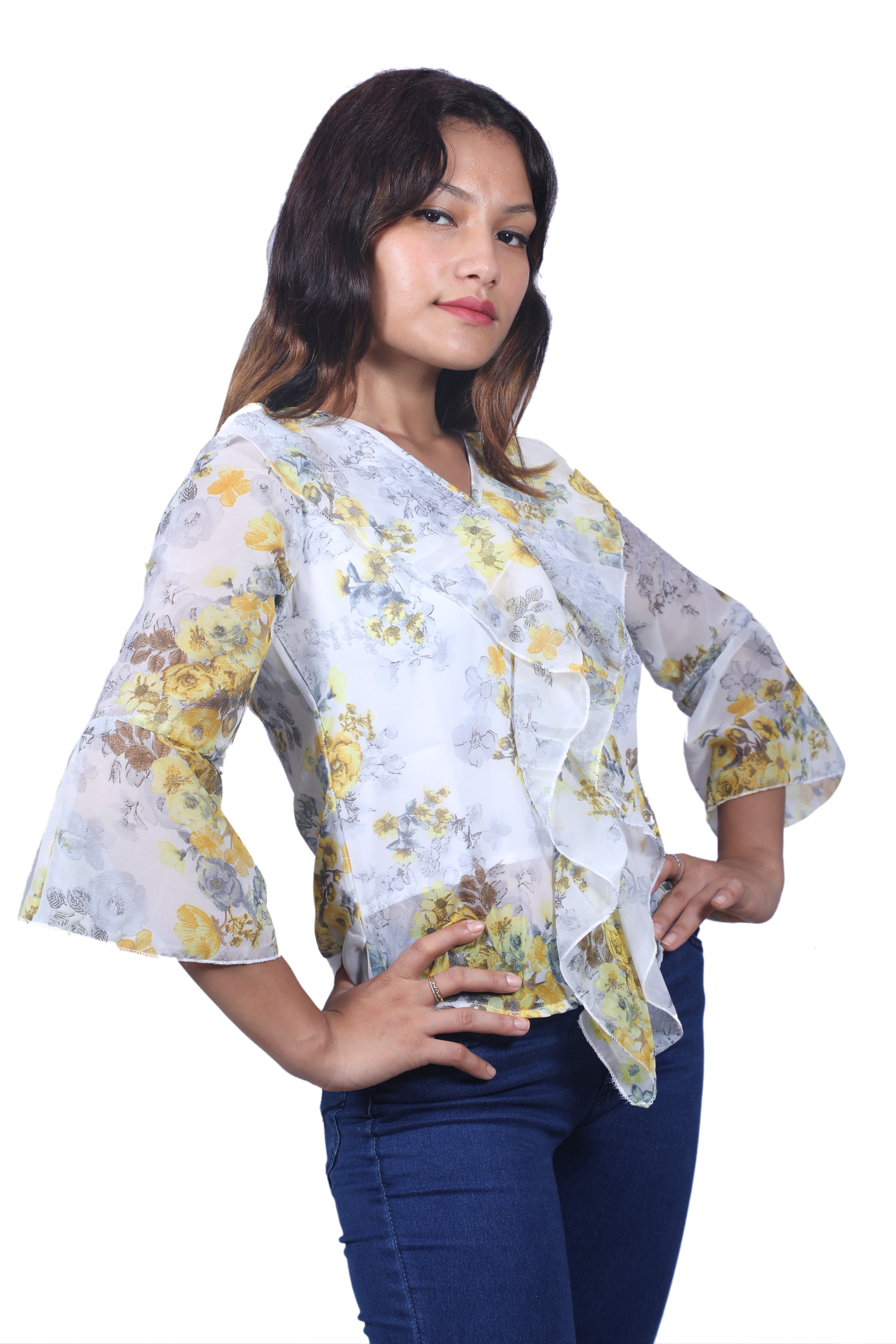 RED FLORAL PRINTED GEORGETTE RUFFLED TOP