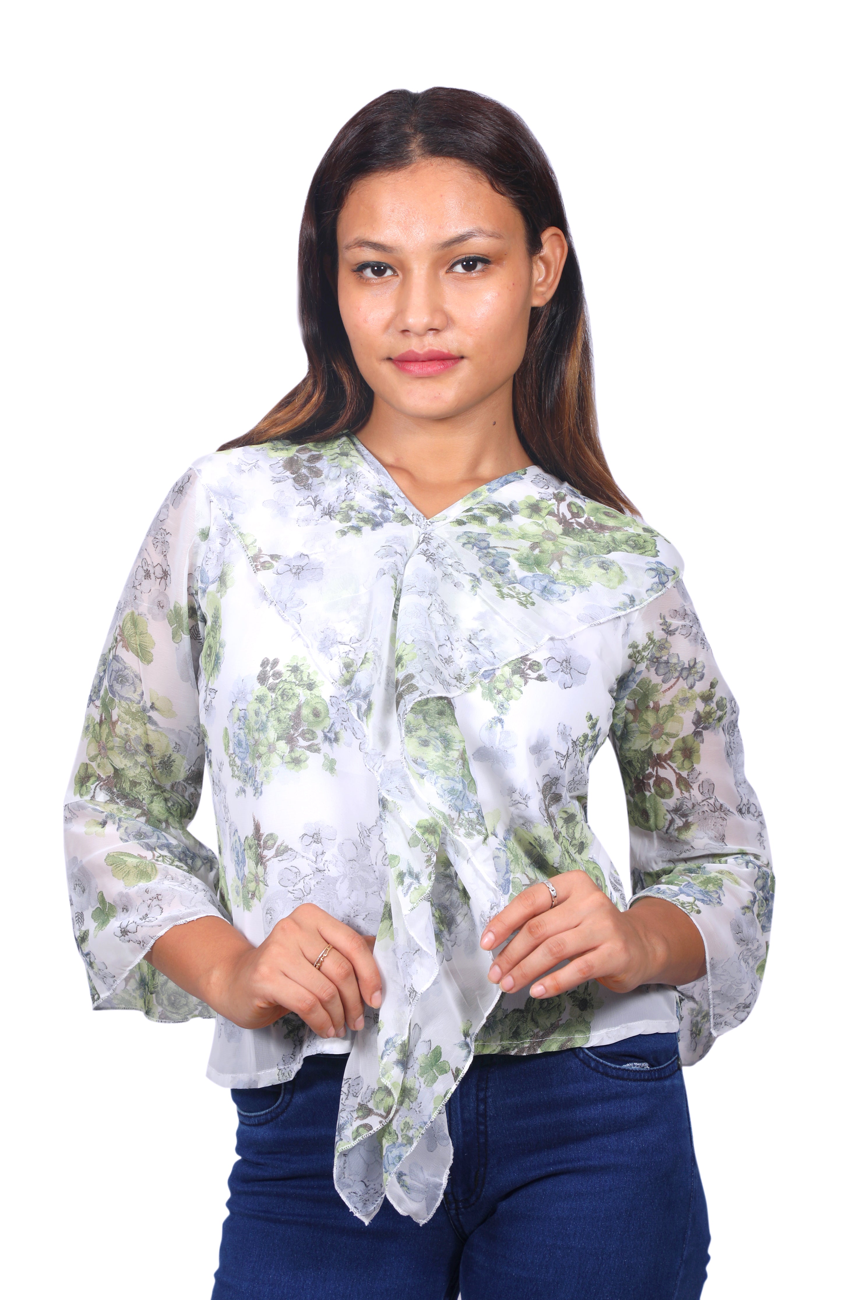 RED FLORAL PRINTED GEORGETTE RUFFLED TOP