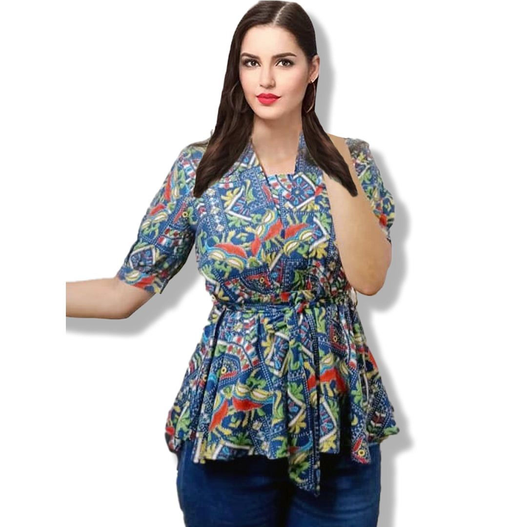 Red Multi-Print Tie-Waist Peplum Top