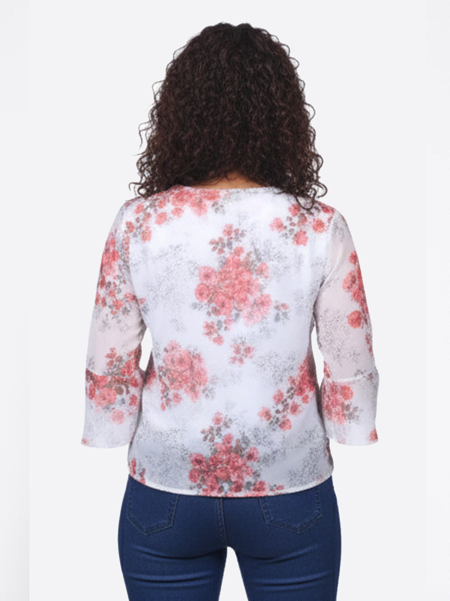 RED FLORAL PRINTED GEORGETTE RUFFLED TOP