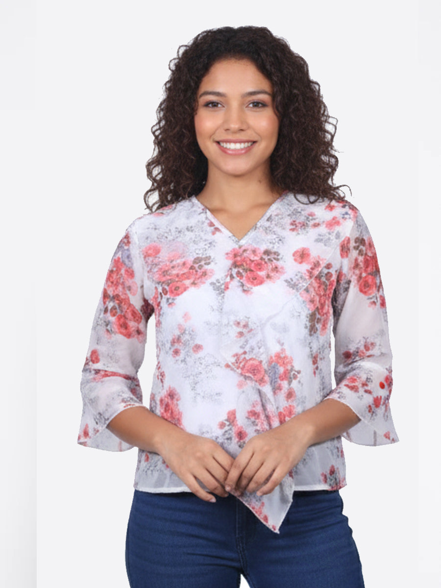 RED FLORAL PRINTED GEORGETTE RUFFLED TOP