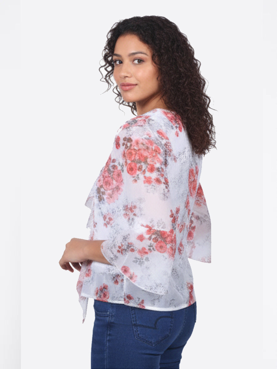 RED FLORAL PRINTED GEORGETTE RUFFLED TOP