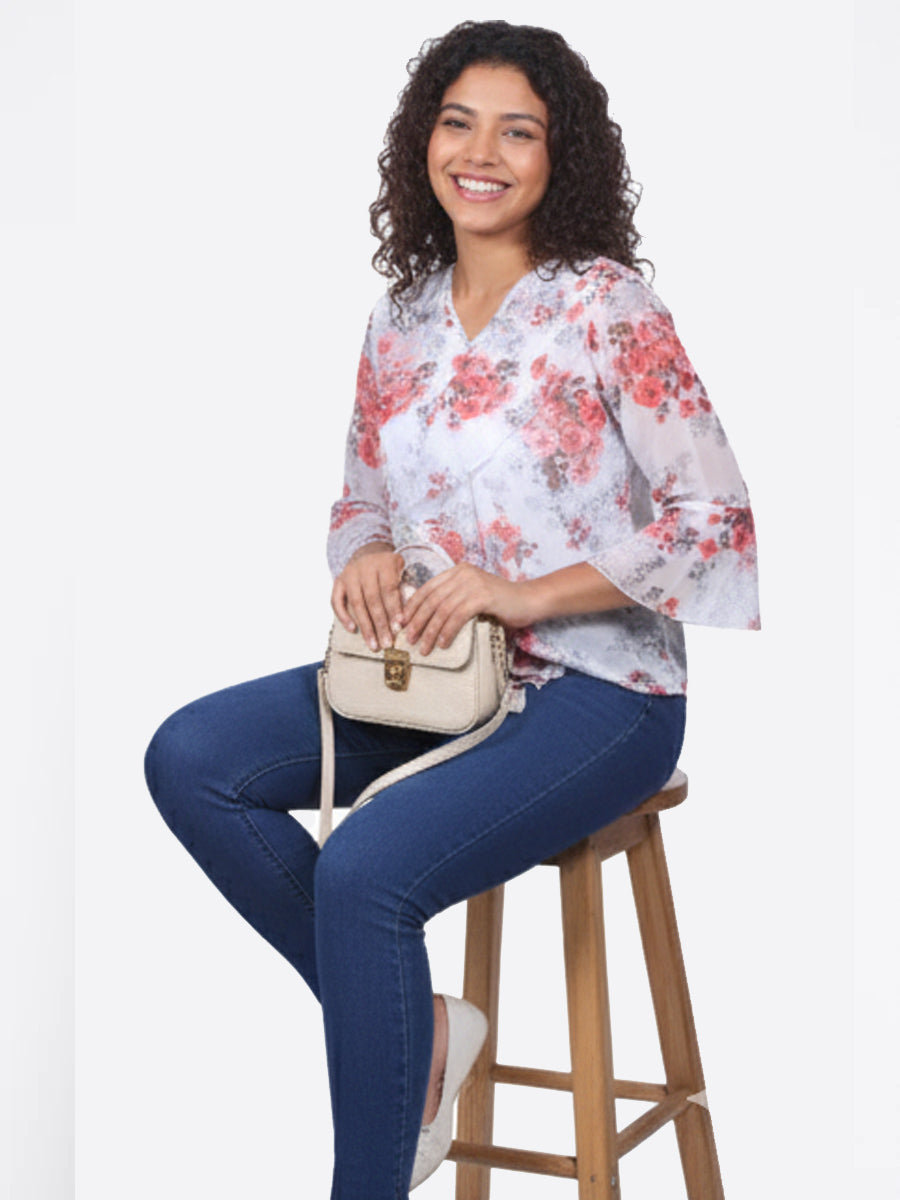 RED FLORAL PRINTED GEORGETTE RUFFLED TOP