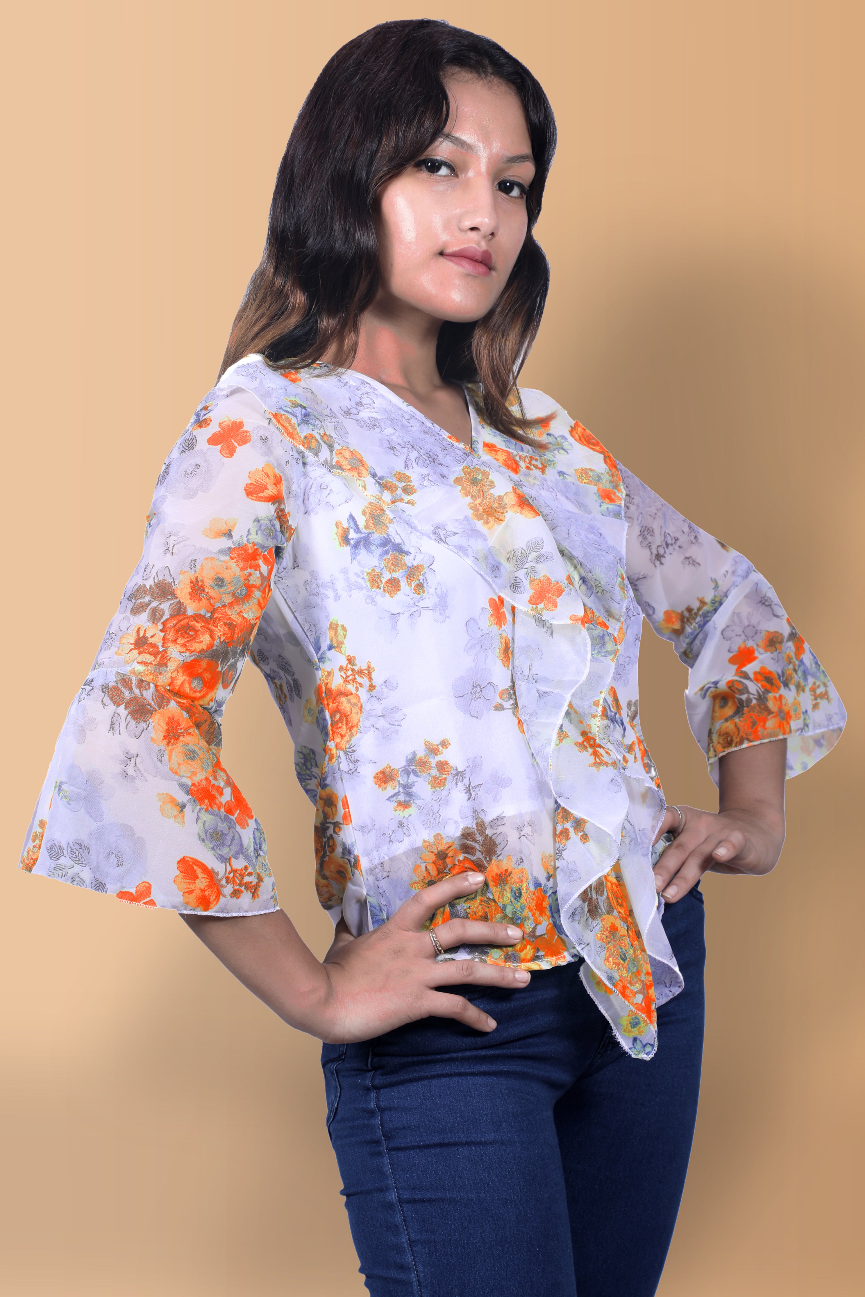 RED FLORAL PRINTED GEORGETTE RUFFLED TOP