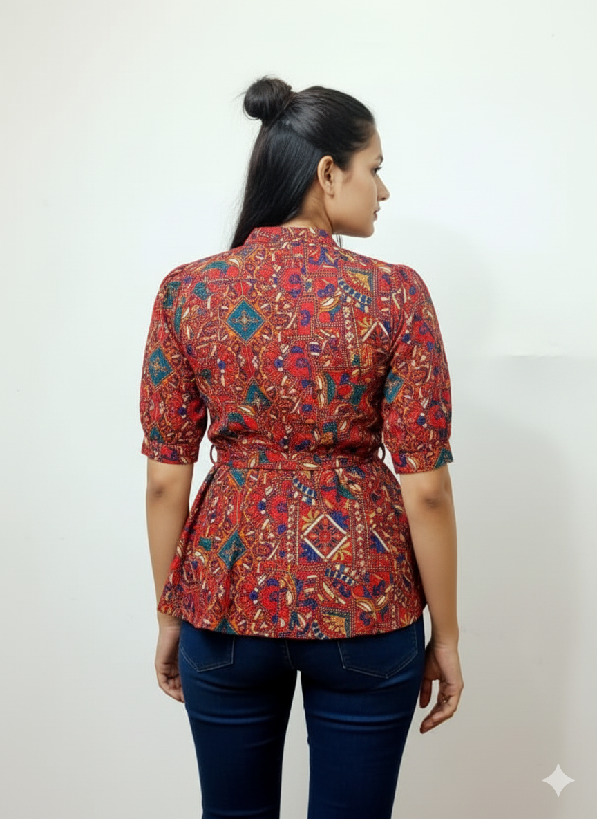Red Multi-Print Tie-Waist Peplum Top
