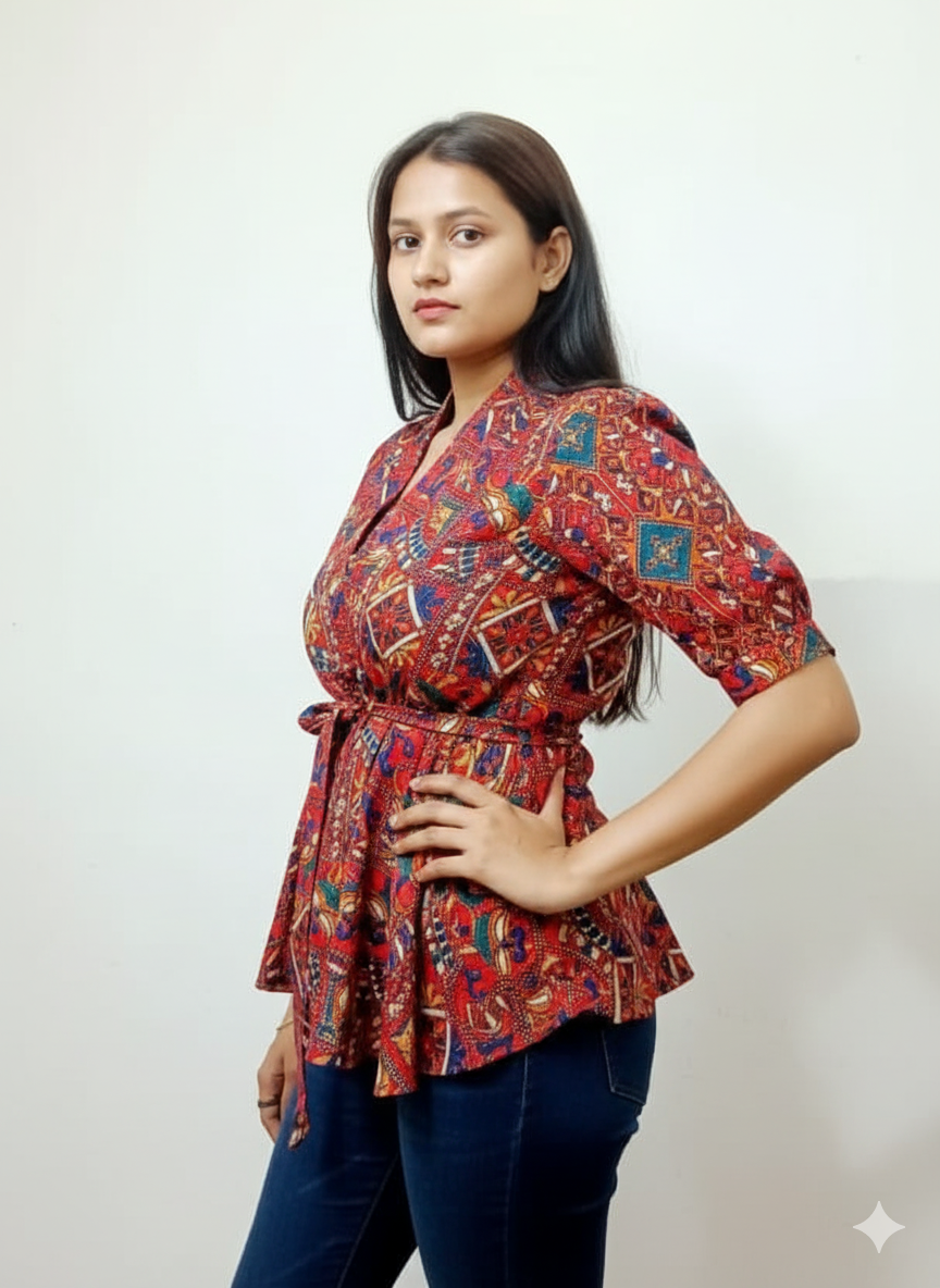 Red Multi-Print Tie-Waist Peplum Top