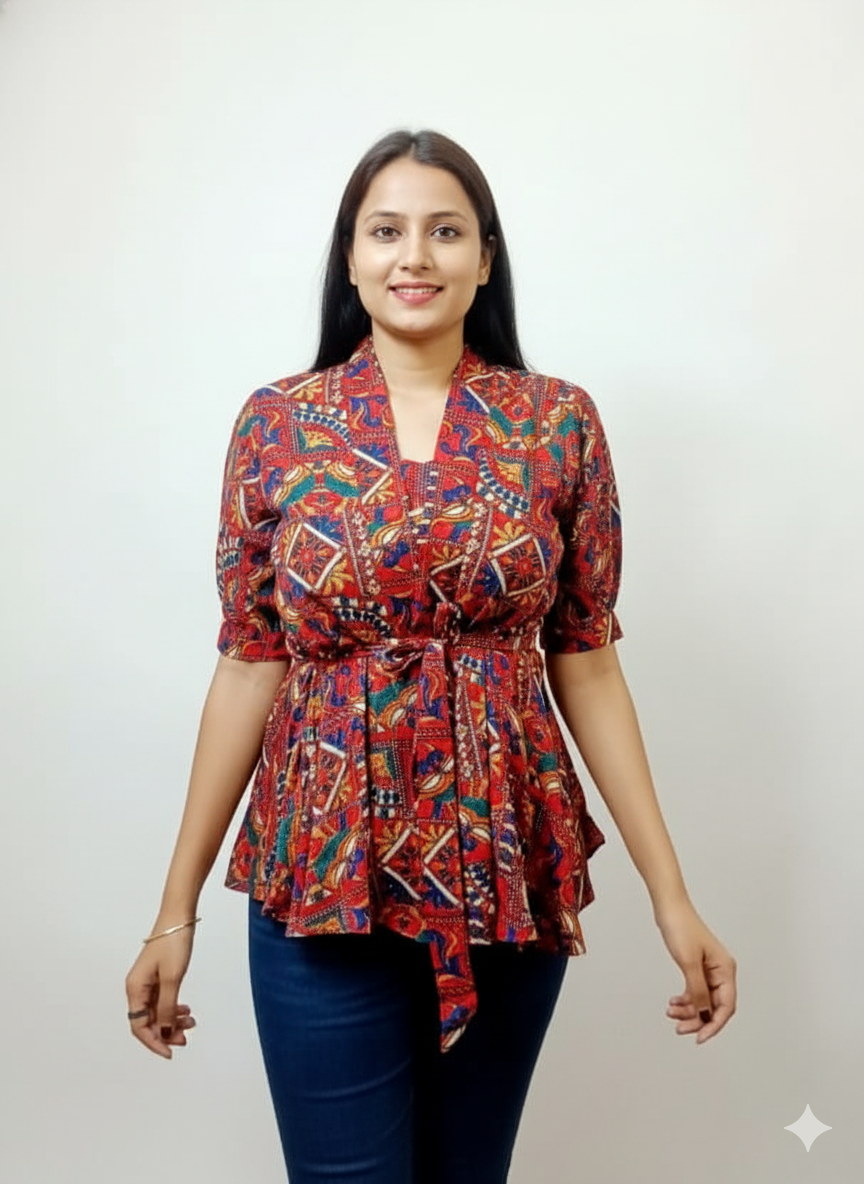 Red Multi-Print Tie-Waist Peplum Top