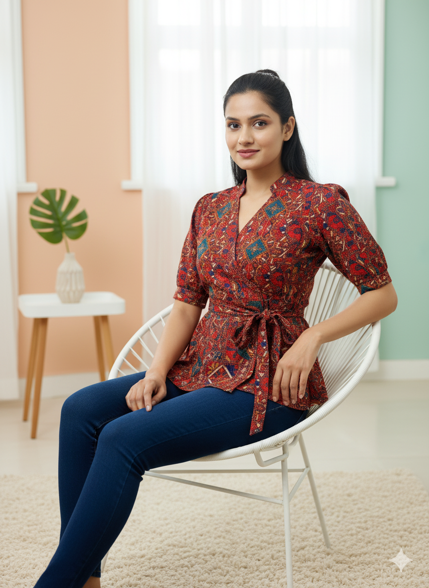 Red Multi-Print Tie-Waist Peplum Top