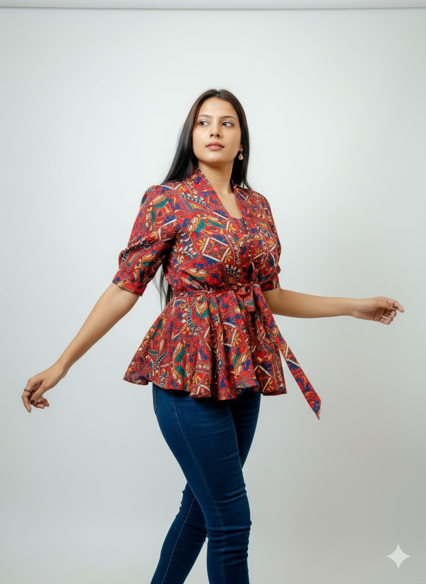 Red Multi-Print Tie-Waist Peplum Top