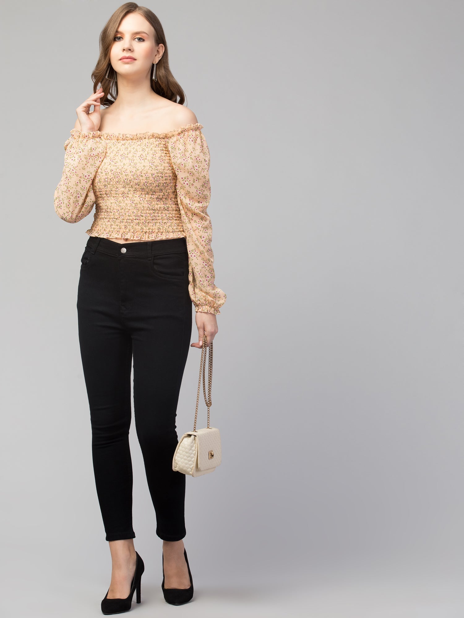 Orange Floral Print Smocked Off-Shoulder Top
