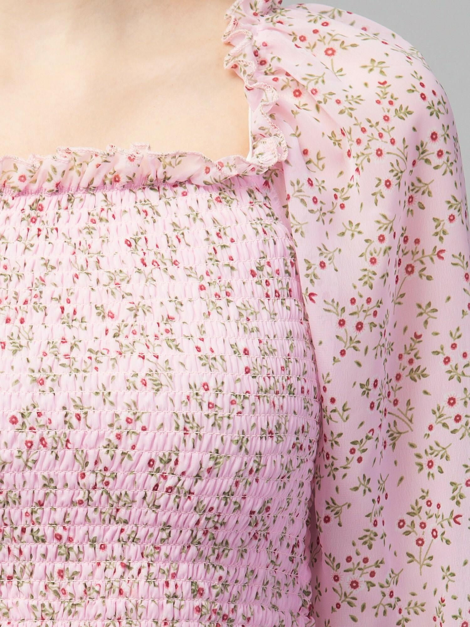 Pink Floral Print Smocked Off-Shoulder Top
