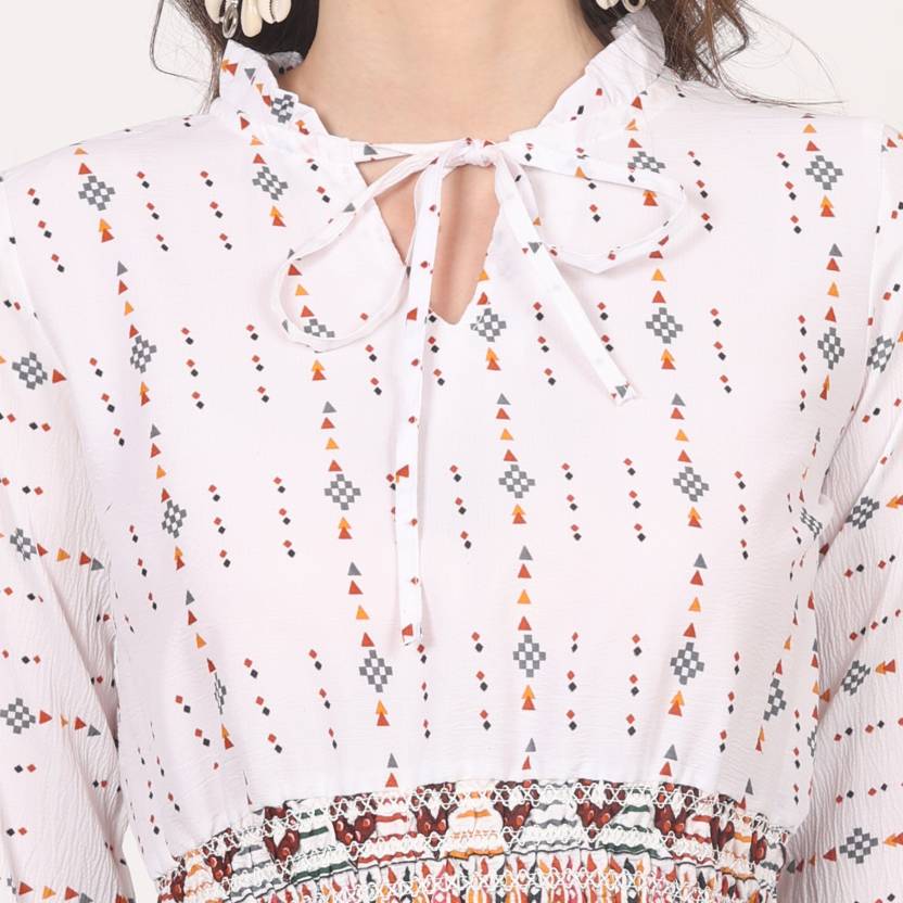White Geometric Print Smocked Waist Mini Dress
