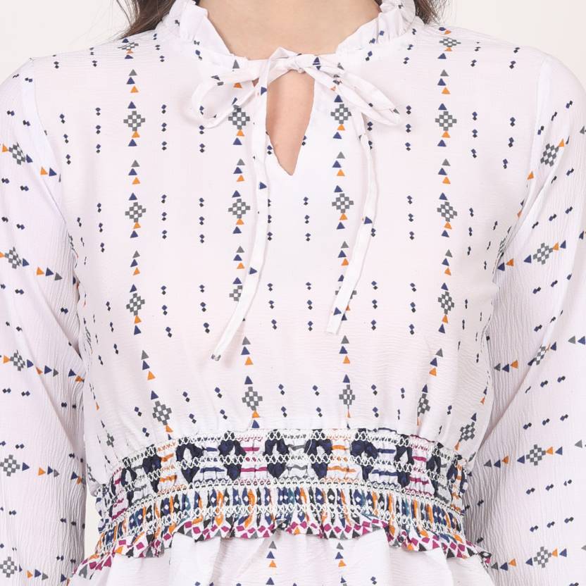 White Geometric Print Smocked Waist Mini Dress