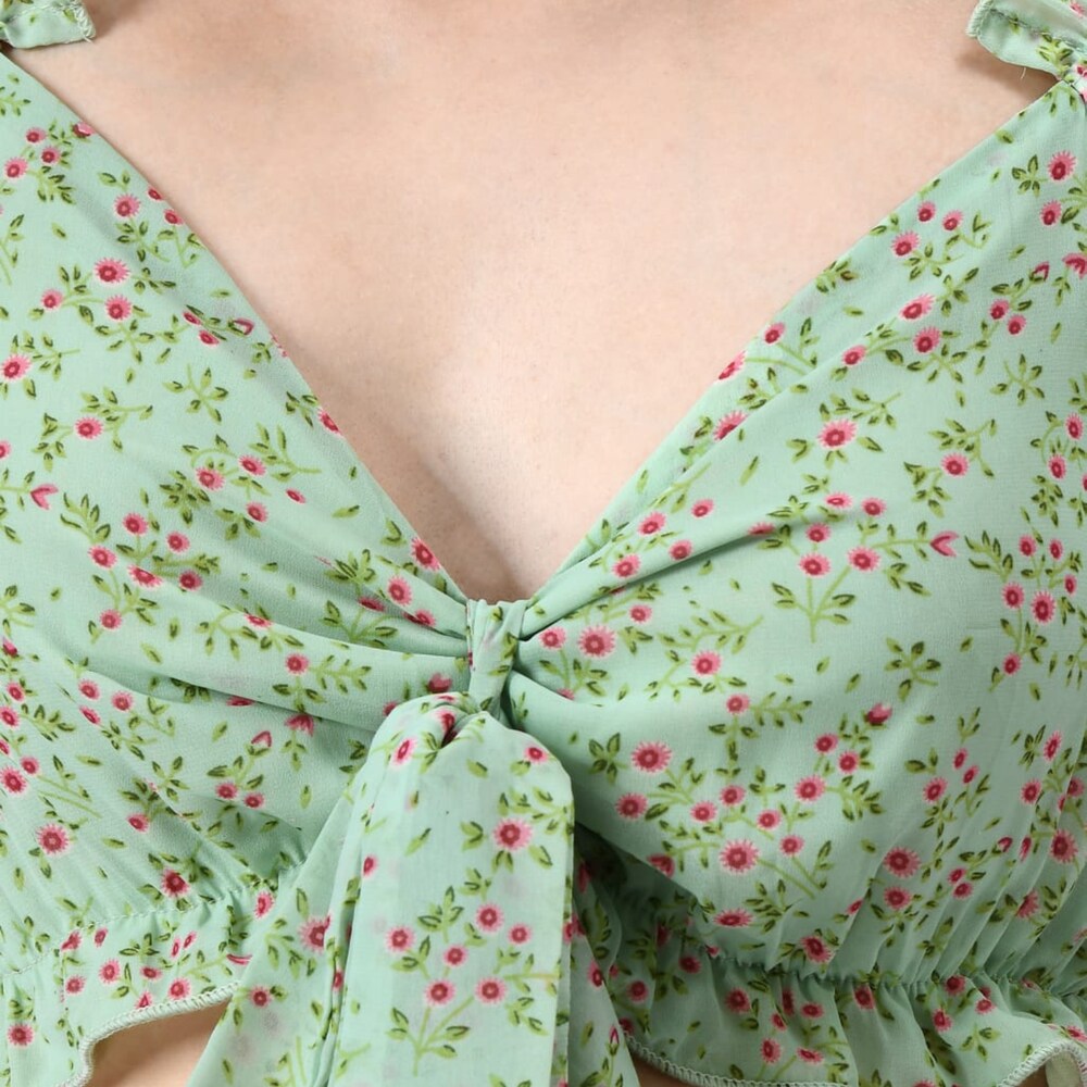 Mint Green Floral Print Tie-Front Crop Top