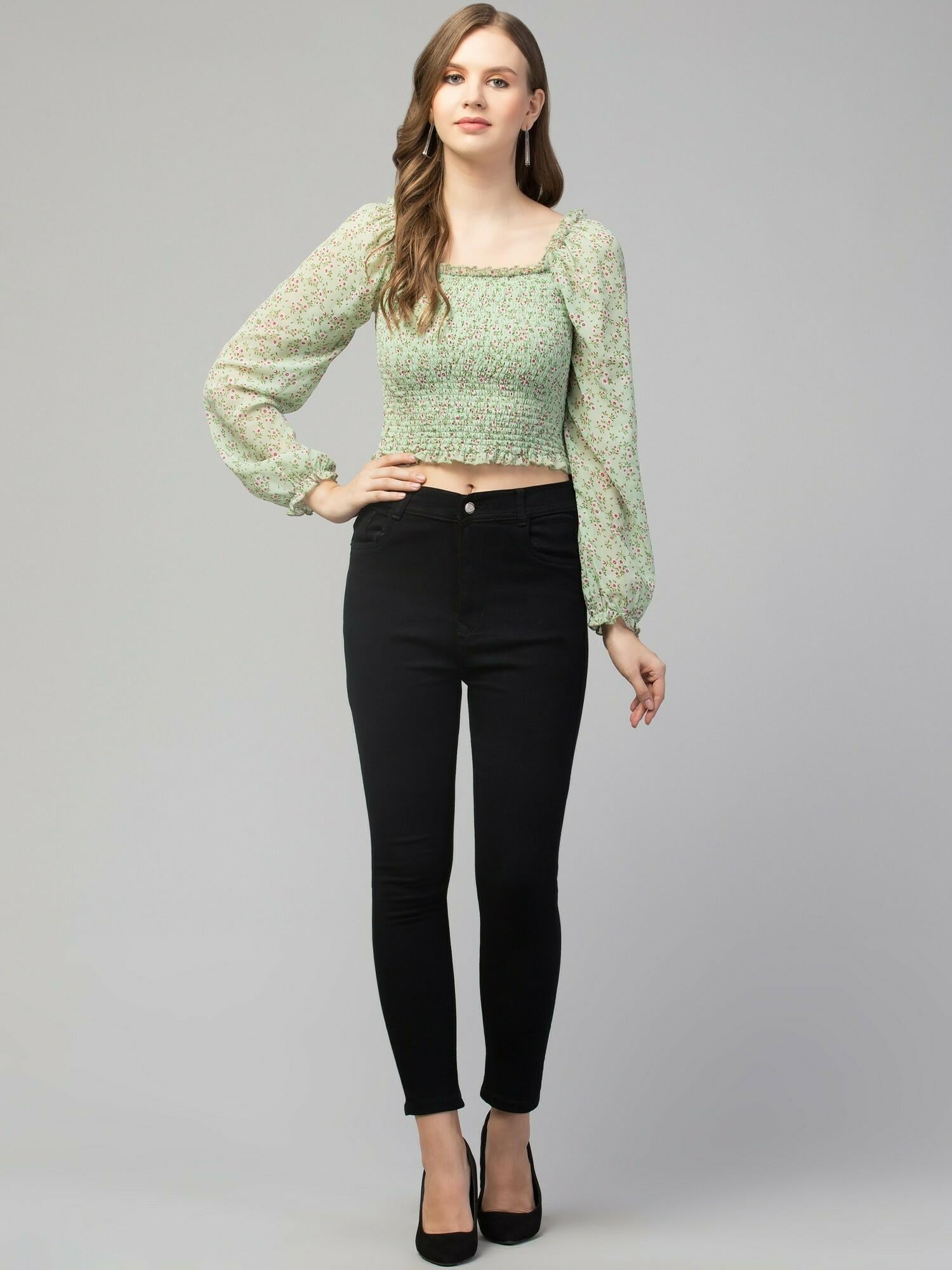 Mint Green Floral Print Smocked Off-Shoulder Top