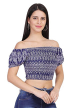 Navy Blue Geometric Print Smocked Crop Top