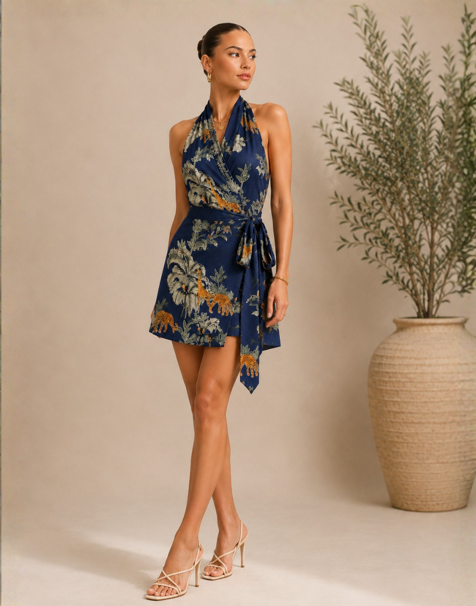 Midnight Safari Halter Mini Dress