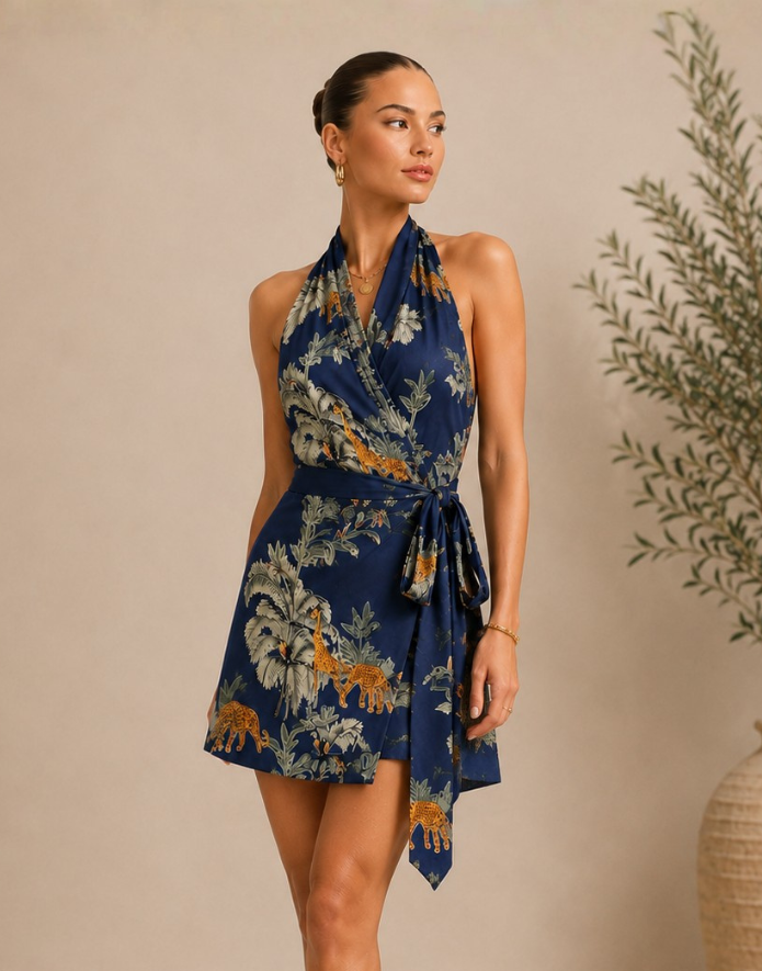 Midnight Safari Halter Mini Dress