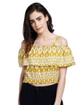 Yellow Ikat Print Cold Shoulder Shirred Crop Top