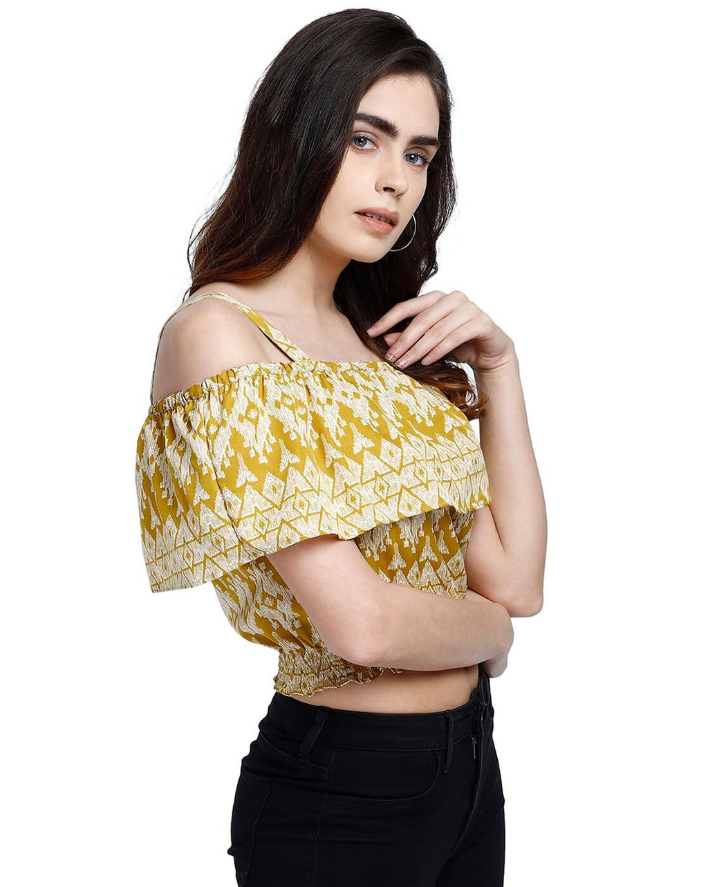 Yellow Ikat Print Cold Shoulder Shirred Crop Top