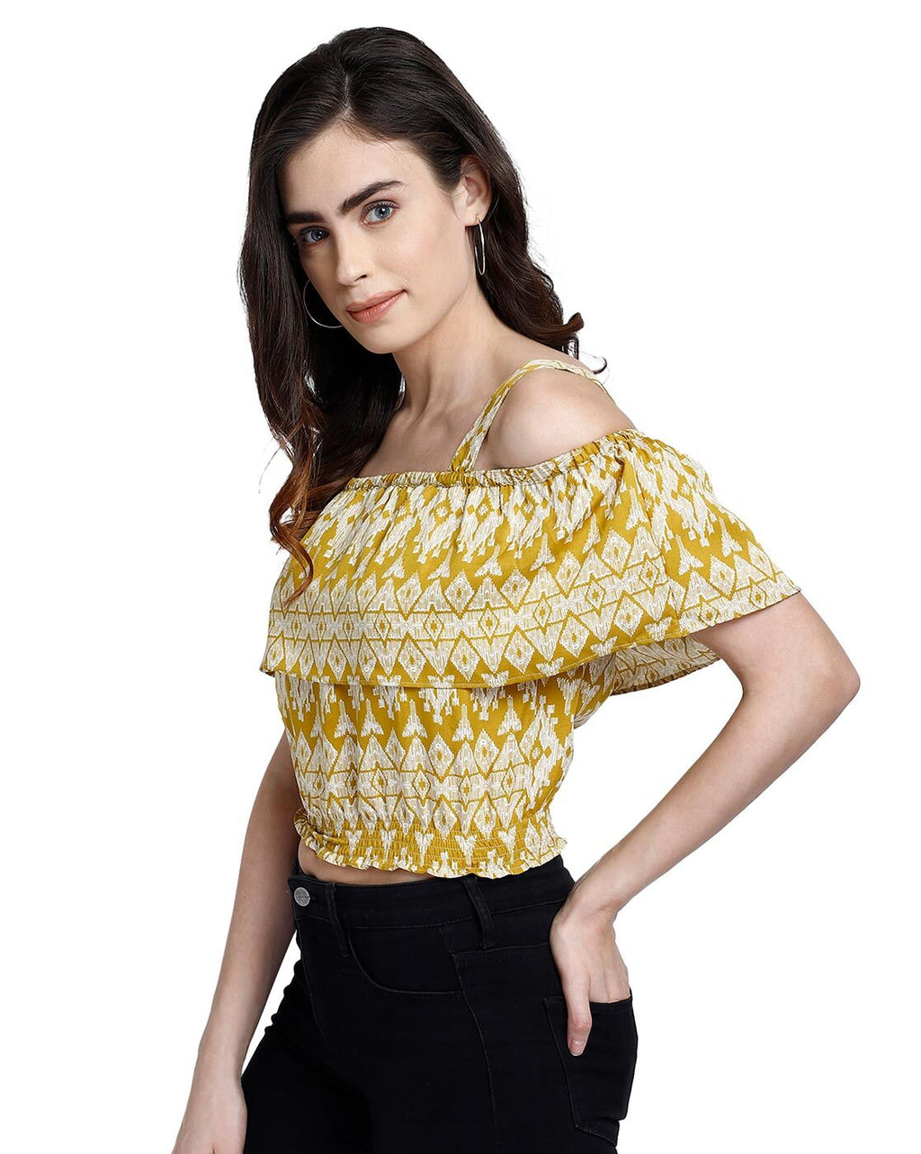 Yellow Ikat Print Cold Shoulder Shirred Crop Top