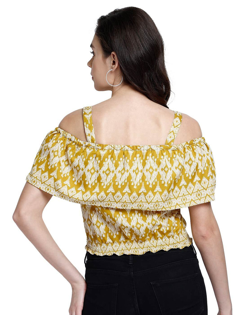 Yellow Ikat Print Cold Shoulder Shirred Crop Top