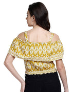Yellow Ikat Print Cold Shoulder Shirred Crop Top