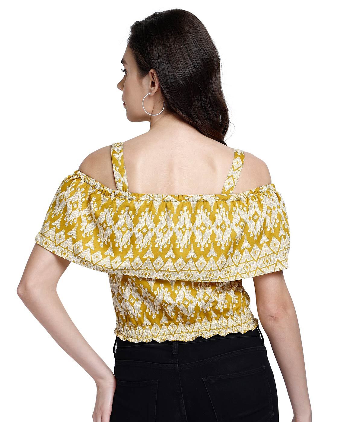 Yellow Ikat Print Cold Shoulder Shirred Crop Top