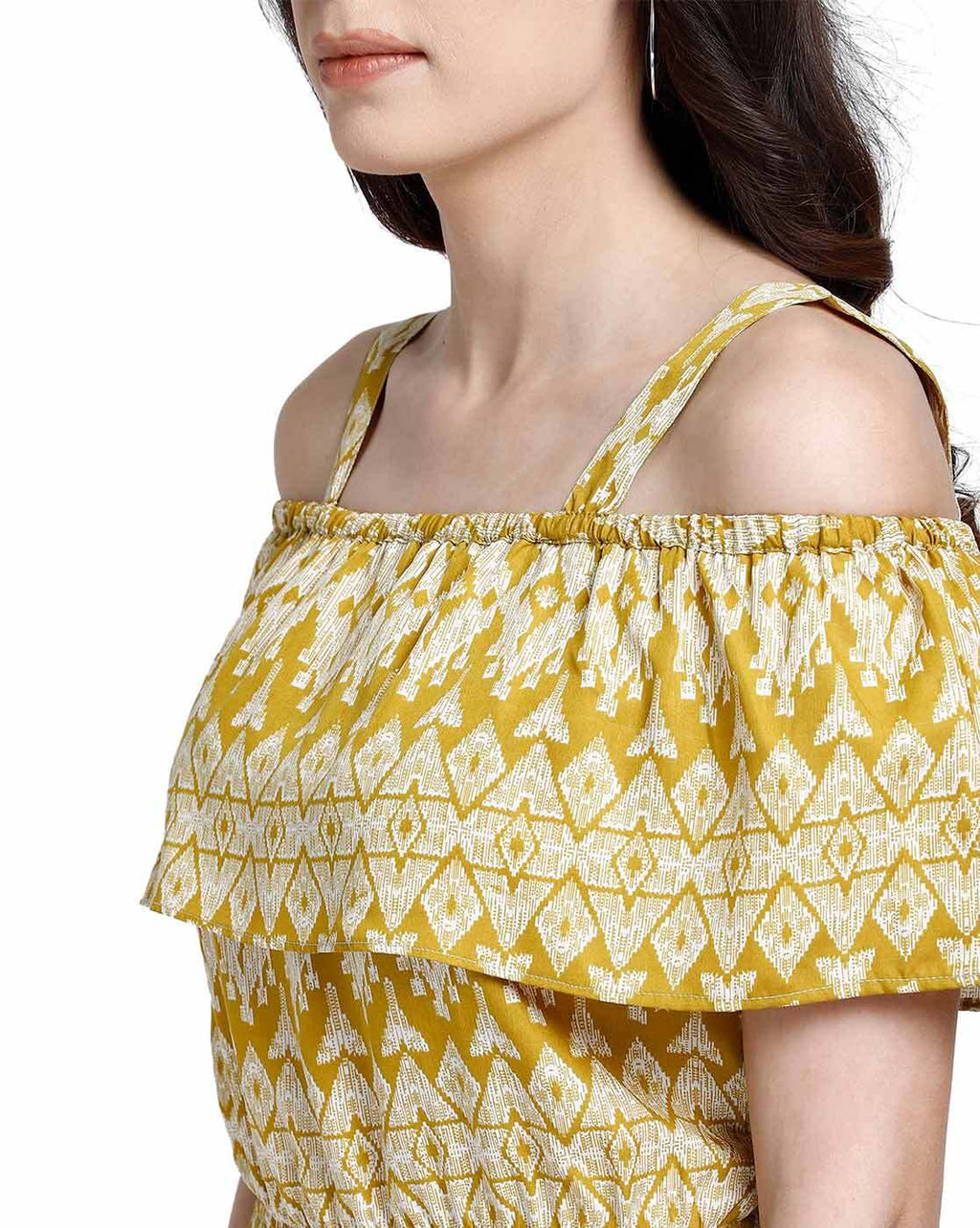Yellow Ikat Print Cold Shoulder Shirred Crop Top