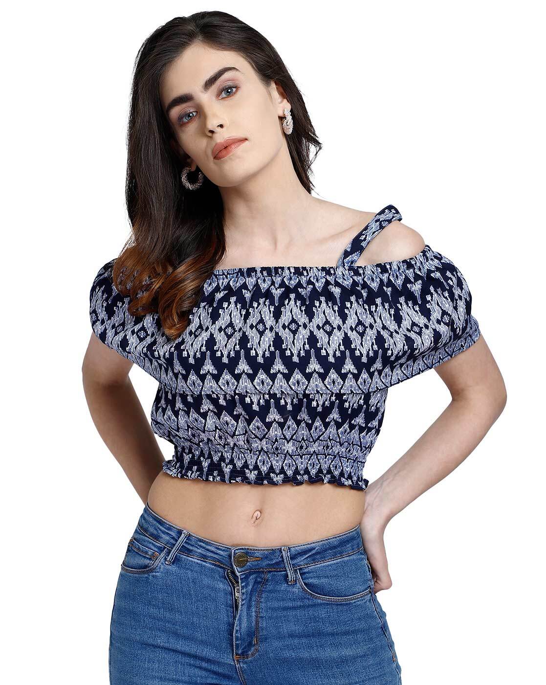 Yellow Ikat Print Cold Shoulder Shirred Crop Top