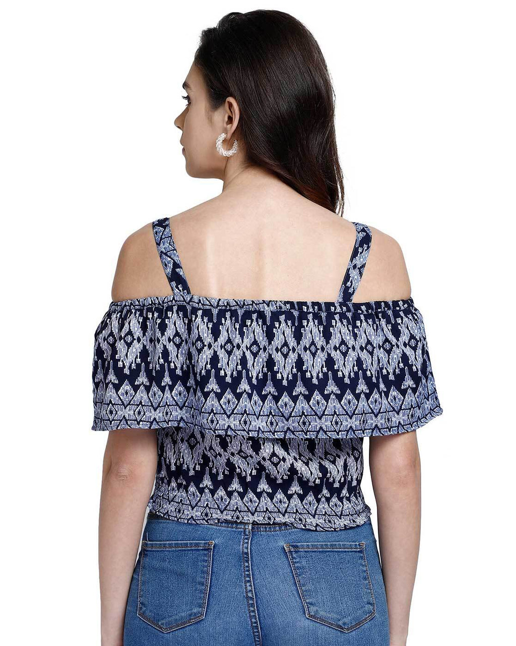Navy Blue Ikat Print Cold Shoulder Shirred Crop Top