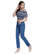 Navy Blue Ikat Print Cold Shoulder Shirred Crop Top