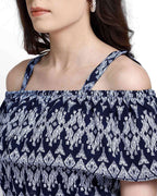 Navy Blue Ikat Print Cold Shoulder Shirred Crop Top