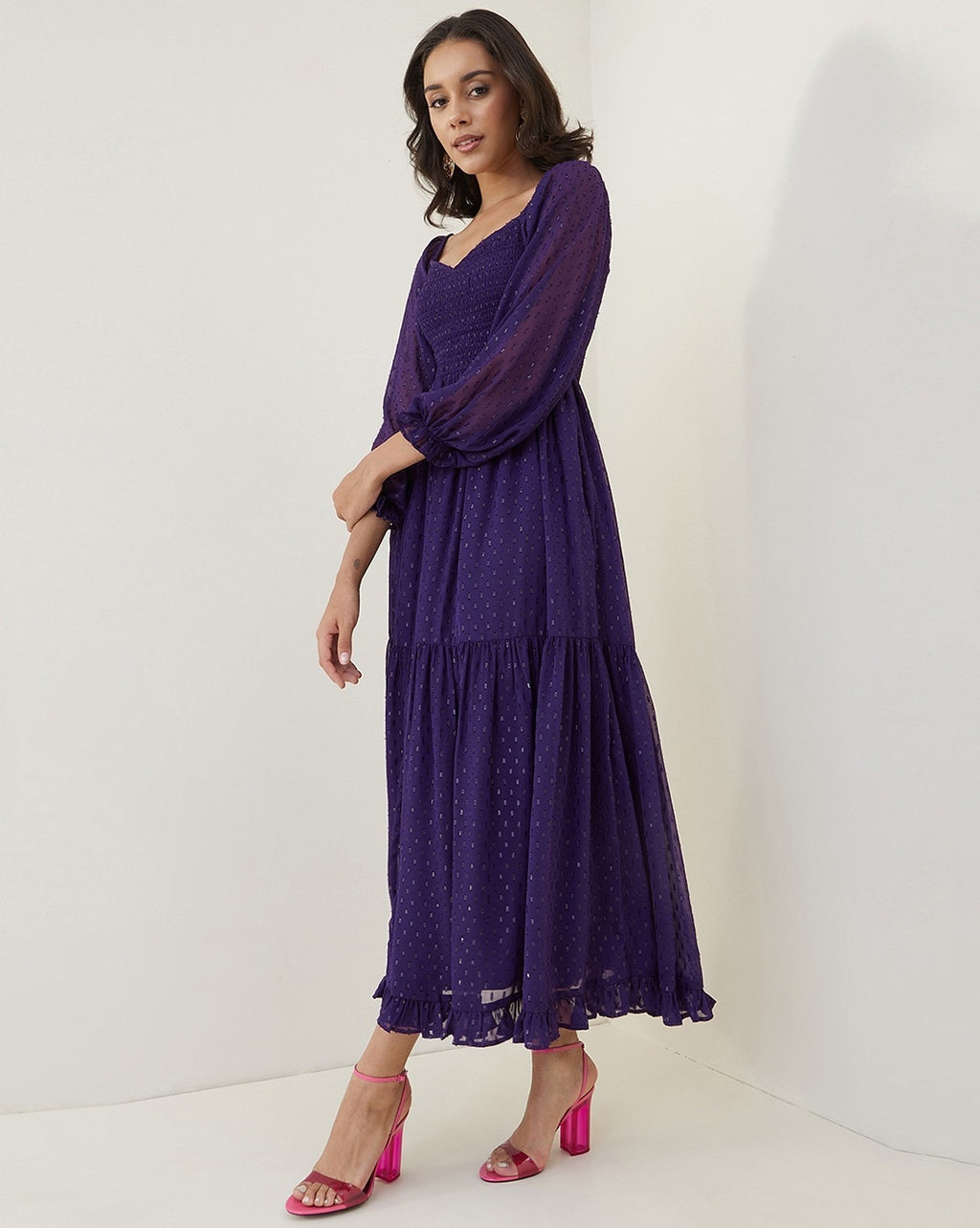 Aubergine Purple Dotted Swiss Sheer Maxi Dress