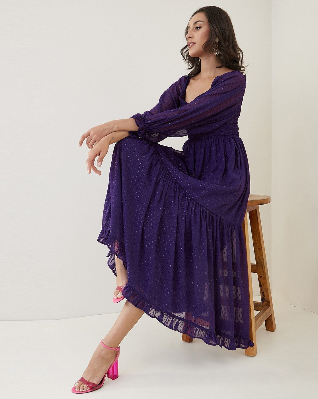 Aubergine Purple Dotted Swiss Sheer Maxi Dress