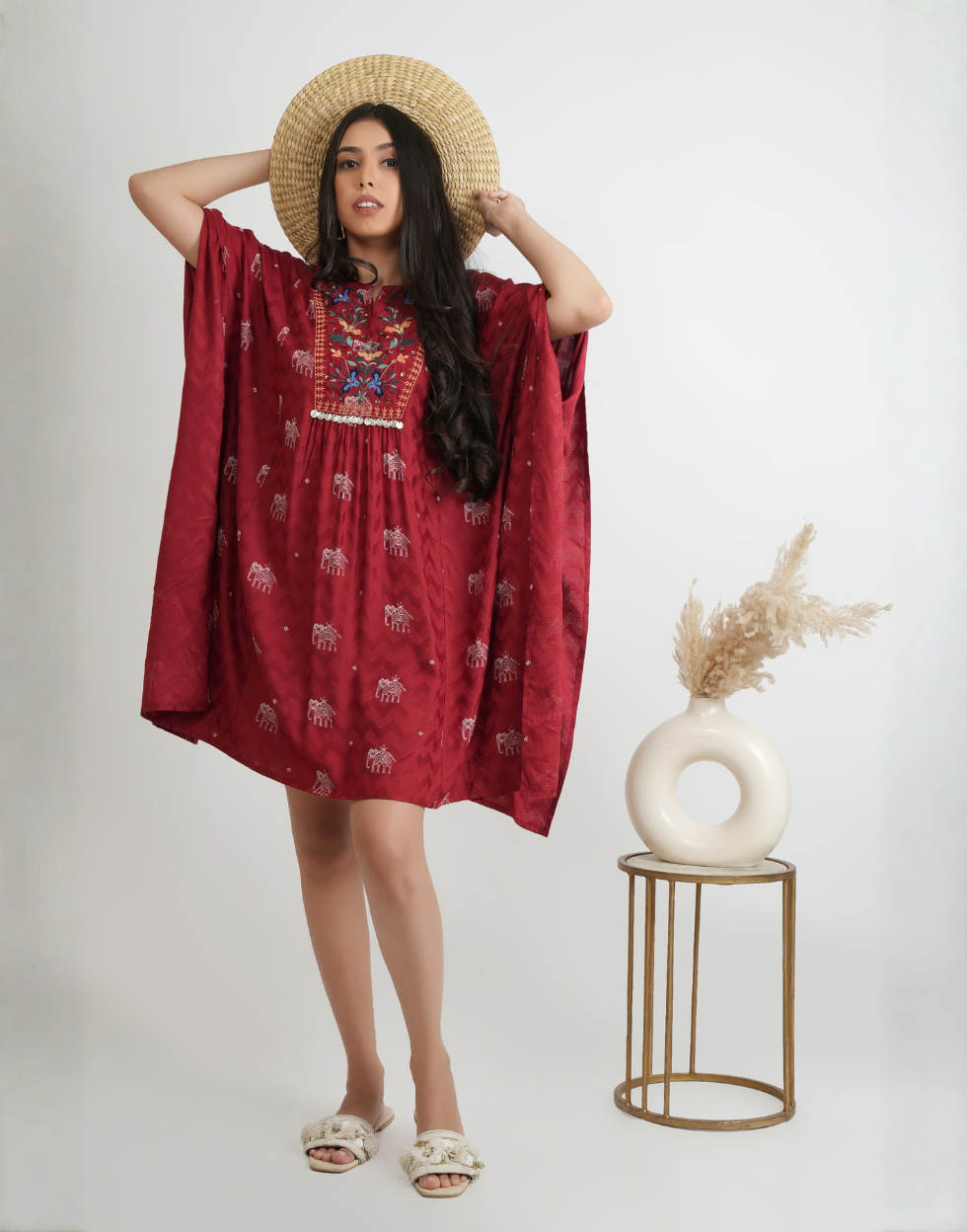 Cotton Kaftan Block Print With Embroidery on yoke