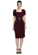 Wine Bodycon Cotton Spandex Midi Dress with Belt
