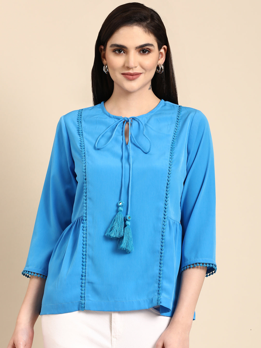 Vibrant Blue Muslin Tasseled Peplum Top