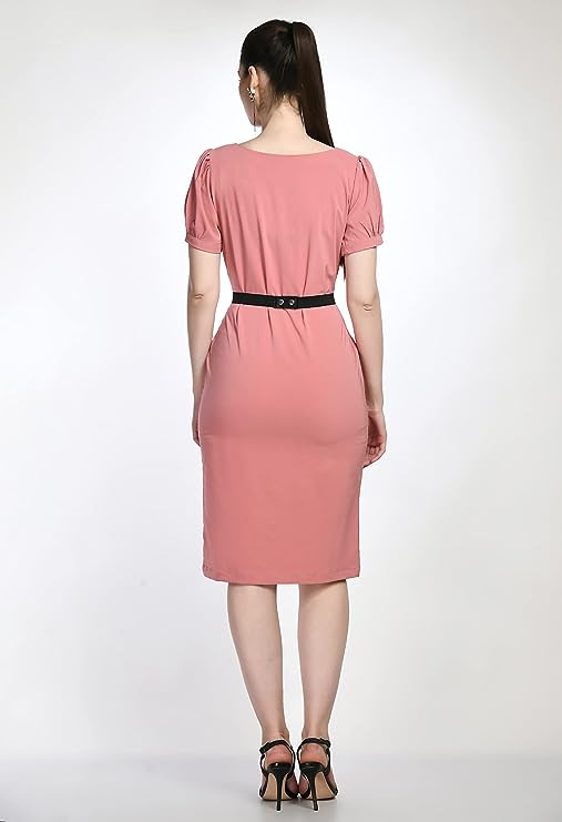 Peach Bodycon Cotton Spandex Midi Dress with Belt