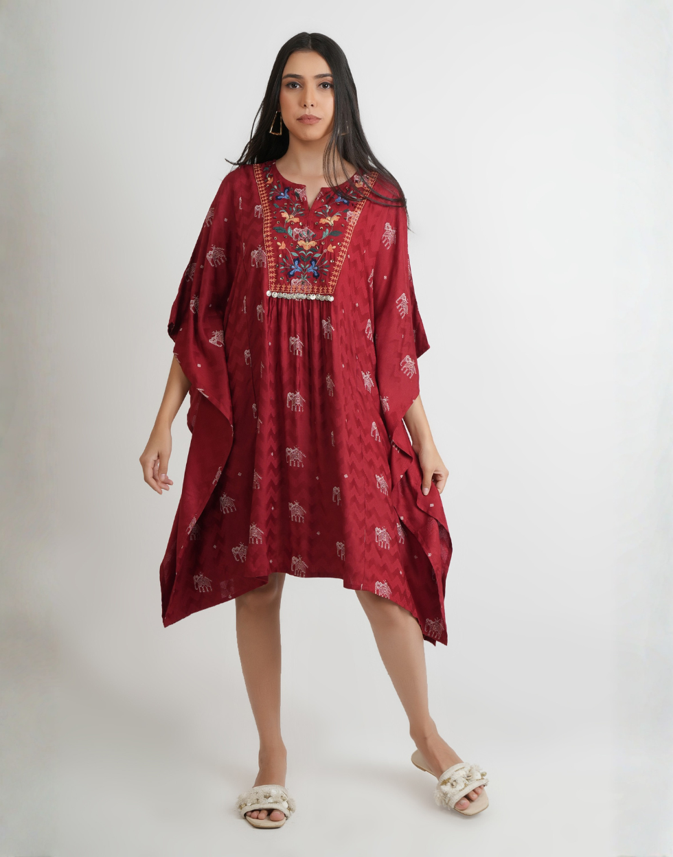 Cotton Kaftan Block Print With Embroidery on yoke