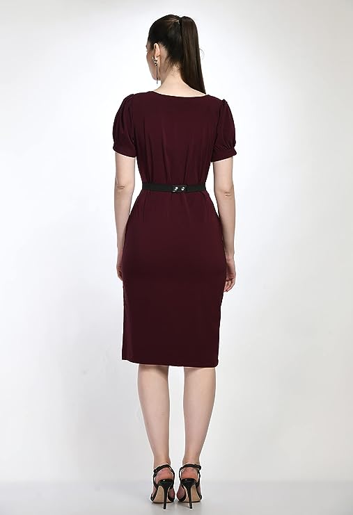 Wine Bodycon Cotton Spandex Midi Dress with Belt