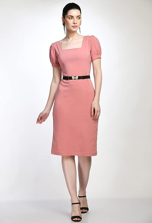 Peach Bodycon Cotton Spandex Midi Dress with Belt