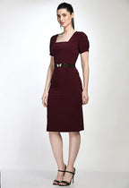 Wine Bodycon Cotton Spandex Midi Dress with Belt