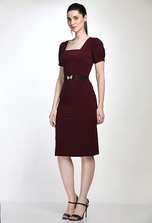 Wine Bodycon Cotton Spandex Midi Dress with Belt