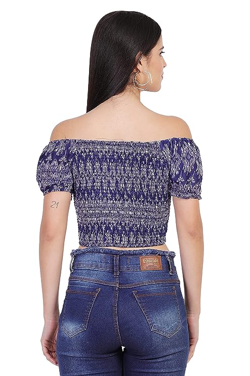 Navy Blue Geometric Print Smocked Crop Top
