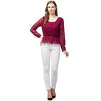 Wine Lace Button-Down Peplum Top