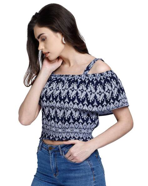 Navy Blue Ikat Print Cold Shoulder Shirred Crop Top