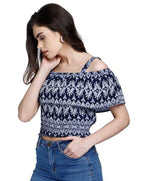 Navy Blue Ikat Print Cold Shoulder Shirred Crop Top