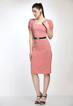 Peach Bodycon Cotton Spandex Midi Dress with Belt