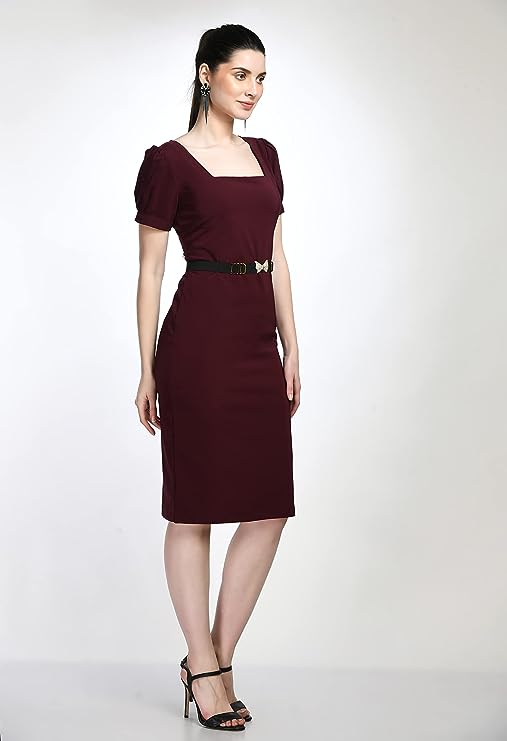 Wine Bodycon Cotton Spandex Midi Dress with Belt